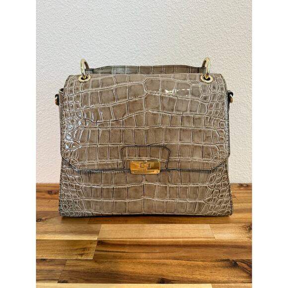 Brahmin Satchel Snake Skin Pattern Leather Bag Purse Gray Tan - Picture 1 of 9